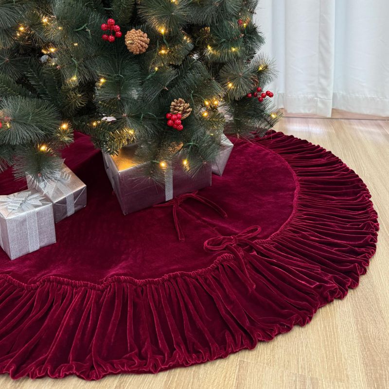 Photo 1 of 84-Inch Ruffled Velvet Christmas Tree Skirt, Thick Foam-Lined Heavy Duty Fabric with Plush Lace Ties, Wine Red