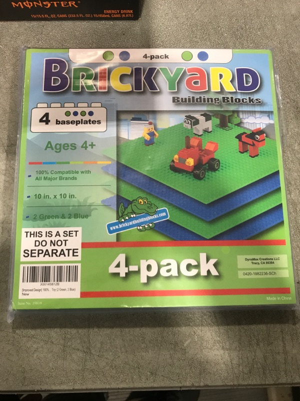 Photo 1 of Brickyard Building Blocks Lego Compatible Baseplate - Pack of 4 Large 10 x 10 Inch Base Plates for Toy Bricks, STEM Activities & Display Table - Green, Blue