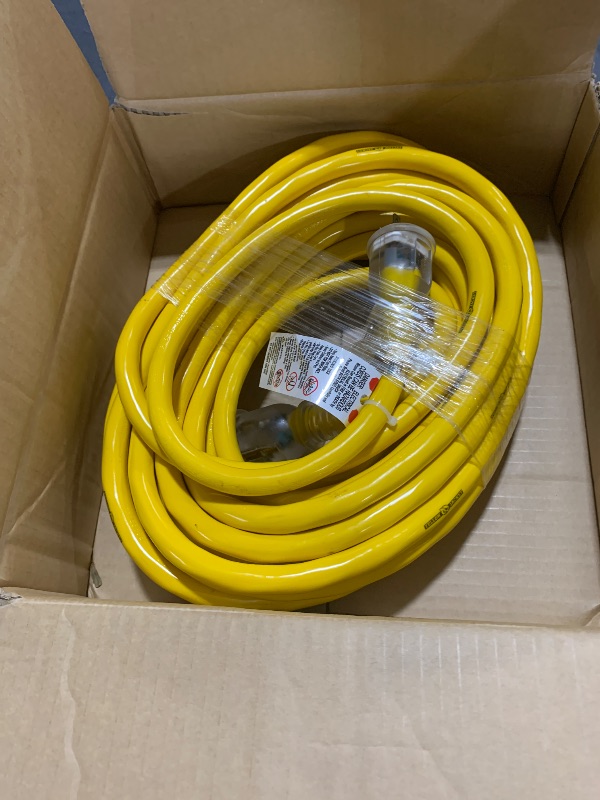 Photo 3 of 50 Foot Lighted Outdoor Extension Cord - 10/3 SJTW Yellow 10 Gauge Extension Cable with 3 Prong Grounded Plug for Safety - Great for Garden and Major Appliances