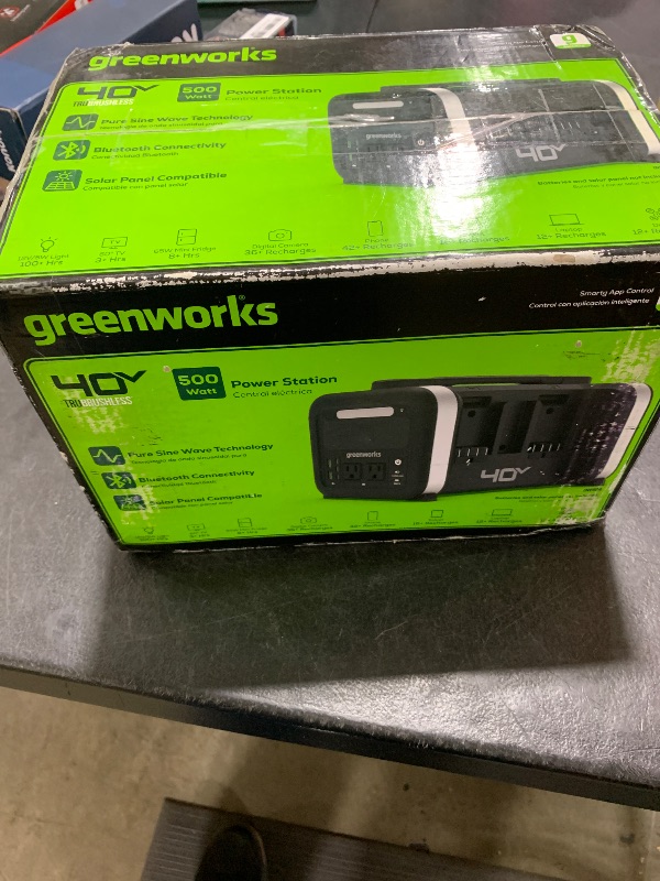 Photo 1 of Greenworks 40V 500W Portable Power Station, 4-Slot Inverter, 2 AC Outlets, 5 USB Ports, Smart APP Control Power Generator, Outdoor Backup Power Supply (POWER 75+TOOLS, BATTERY SOLD SEPARATELY),Black