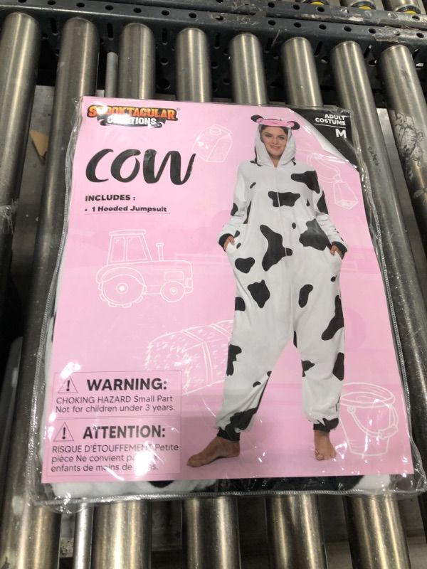 Photo 2 of Spooktacular Creations Adults Unisex Pajama, Cow Hooded Jumpsuit Costume with Hat, Cow Pattern Zip-up Hooded Sleepwear for Halloween Cosplay Costume,M
