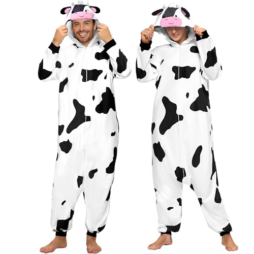 Photo 1 of Spooktacular Creations Adults Unisex Pajama, Cow Hooded Jumpsuit Costume with Hat, Cow Pattern Zip-up Hooded Sleepwear for Halloween Cosplay Costume,M
