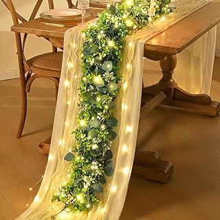 Photo 1 of 2Pcs Eucalyptus Garland with Lights, Greenery Garland, Green Garland with Flowers, 5.9FT Artificial Faux Eucalyptus Leaves Vines for Table Mantle Home Wedding Party Indoor Outdoor Decor
