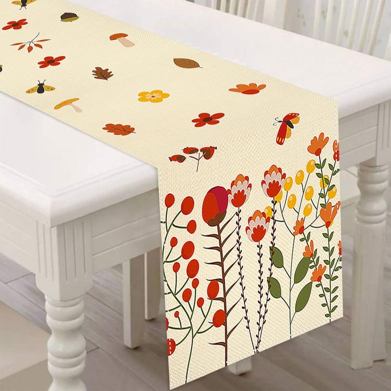 Photo 1 of Lucleag Fall Table Runner, Fall Flowers Leaves Table Runner, Autumn Table Runner Autumn Flower Leaf Table Cover for Thanksgiving Fall Autumn Home Dining Table Decoration, 13x72 inch 2 Pack 
