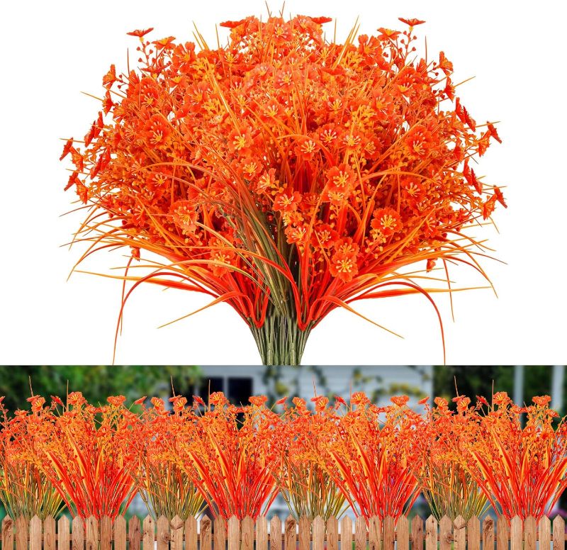 Photo 1 of 12 Bundles Artificial Fall Flowers Fake Plastic Plants Hanging Planter No Fade Faux Autumn Plants Thanksgiving Christmas Wedding Party Home Garden Fireplace Décor (Fall Brown & Fall red)
