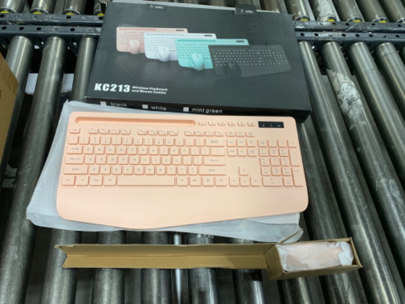Photo 1 of Wireless Keyboard and Mouse Combo - Full-Sized Ergonomic Keyboard with Wrist Rest, Phone Holder, Sleep Mode, Silent 2.4GHz Cordless Keyboard Mouse Combo for Computer, Laptop, PC, Mac, Windows (Pink)