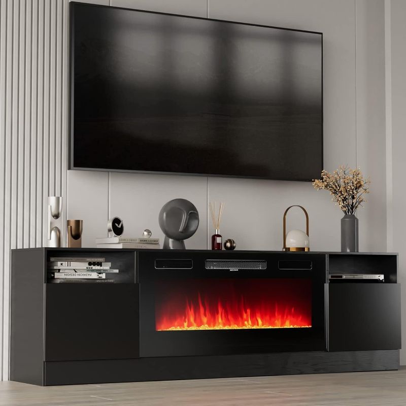 Photo 1 of Breezestival Fireplace TV Stand with Two Hinged Doors for TVs UP to 80", Modern Electric Fireplace Entertainment Center with LED Lights & Storage Cabinets, TV Stand for Living Room 70" Black 21007BK
