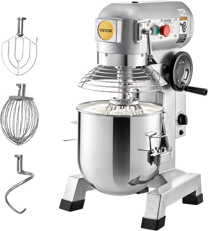 Photo 1 of  VEVOR Commercial Stand Mixer, 15Qt Stainless Steel Bowl, 500W Heavy Duty Electric Food Mixer with 3 Speeds Adjustable 113/184/341 RPM, Dough Hook Whisk Beater Included, Silver FOR PARTS OR TO FIX. DOES NOT WORK