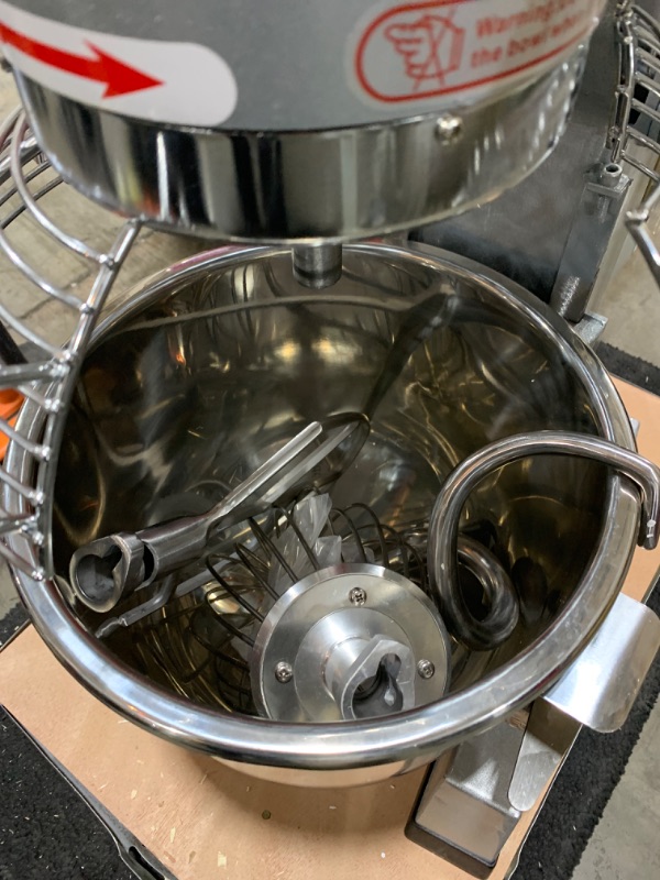 Photo 5 of  VEVOR Commercial Stand Mixer, 15Qt Stainless Steel Bowl, 500W Heavy Duty Electric Food Mixer with 3 Speeds Adjustable 113/184/341 RPM, Dough Hook Whisk Beater Included, Silver FOR PARTS OR TO FIX. DOES NOT WORK