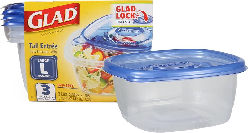 Photo 1 of  Glad GladWare Tall Entrée Food Storage Containers | Large Square Containers for Food Hold up to 42 Ounces of Food, 3 Count | Strong and Sturdy Large Food Storage Holders 