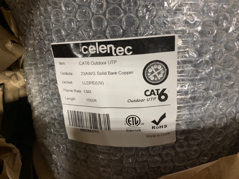 Photo 3 of celertec CAT6 Outdoor Cable, 1000ft, 23AWG Solid Bare Copper, Unshielded Twisted Pair (UTP), UV Resistant, Weatherproof, CMX, ETL Listed, 550MHz, Bulk Ethernet Cable, Wooden Spool- Black