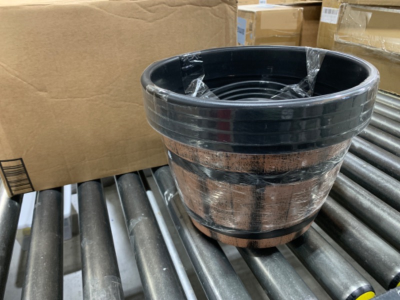 Photo 2 of Quarut Plant Pots Set of 4 Pack 12 inch,Large Whiskey Barrel Planters with Drainage Holes & Saucer.Plastic Flower Pots Imitation Wine Barrel Design, for Indoor & Outdoor Garden Home Plants (Brown) 12 inches