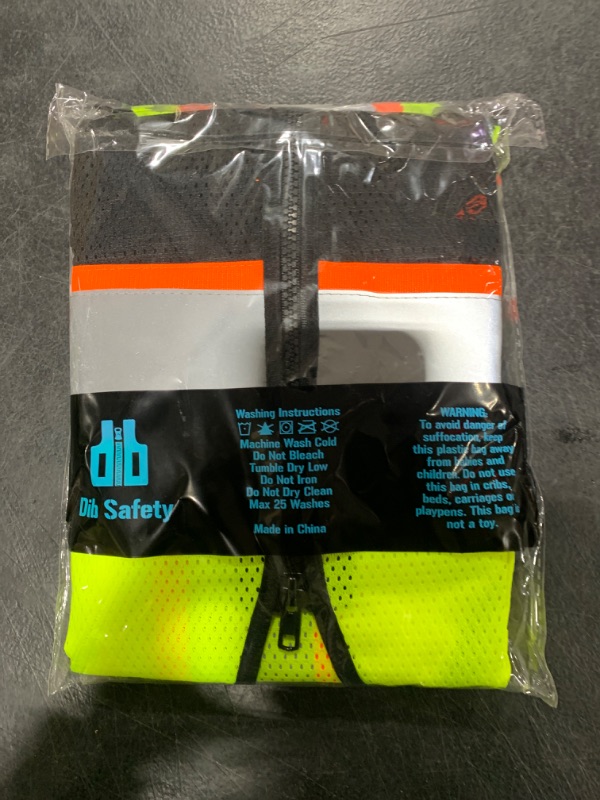 Photo 2 of Dib Safety Reflective Mesh Vest High Visibility Two Tone with Pockets and Zipper, Yellow and Black Mesh with Orange Trim 2XL