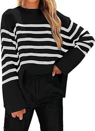 Photo 1 of Imily Bela Womens 2024 Oversized Striped Sweater Crew Neck Long Sleeve Color Block Knit Side Slit Pullover Jumper Tops Black SIZE XL