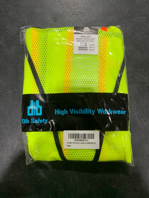 Photo 2 of Dib Safety Reflective Mesh Vest High Visibility Two Tone with Pockets and Zipper, Yellow and Black Mesh with Orange Trim 2XL