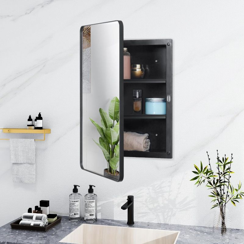 Photo 1 of Fundin Plastic Black Medicine Cabinet, Beveled Edge Mirror Door with Round Corner Metal Frame, Recessed and Surface Mount Bathroom Medicine Cabinet, 16 x 24 inch Mirror Size 