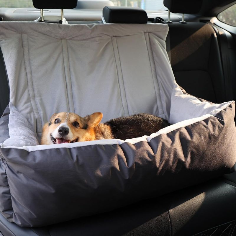 Photo 1 of Pecute Dog Car Seat for Large Dogs, Detachable and Washable Dog Booster Seat with Clip-on Safety Leash, Dog Carrier Back Seat Pet Car Seat with Pockets, Soft Portable Dog Bed for Carr Travel Bed
