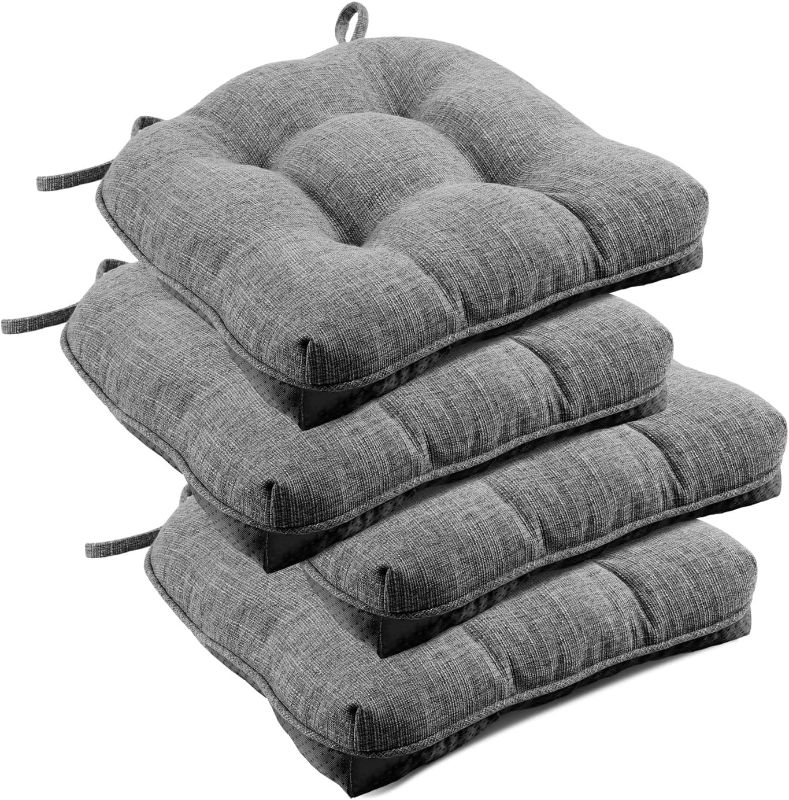 Photo 1 of downluxe Indoor Chair Cushions for Dining Chairs, Tufted Overstuffed Textured Memory Foam Kitchen Chair Pads with Ties and Non-Slip Backing, 15.5" x 15.5" x 4", Dark Grey, 4 Pack
