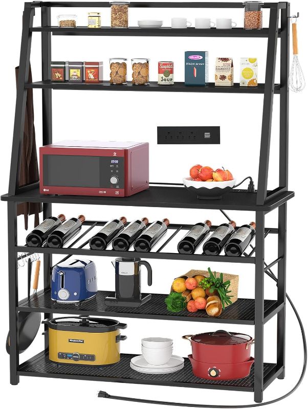 Photo 1 of Cyclysio Bakers Rack with Power Outlet, 65.2 Inch Microwave Stands, 6 Tier Coffee Bar Station with Wine Rack, Lager Kitchen Baker Rack with Storage and 8 Hooks, Tall Kitchen Stand with Hutch, Black
