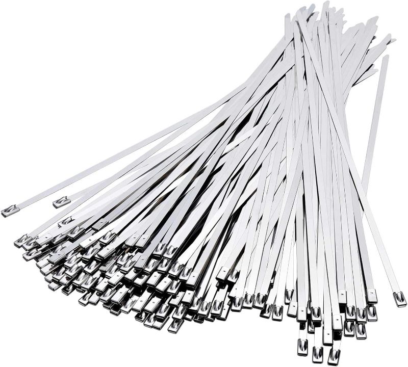 Photo 1 of 100PCS Metal Cable Zip Ties Heavy Duty 11.8 Inch, Premium Stainless Steel Zip Ties Exhaust Wrap with 198LBS Tensile Strength, Multi-Purpose Self-Locking Metal Wrap Ties for Indoor and Outdoor
