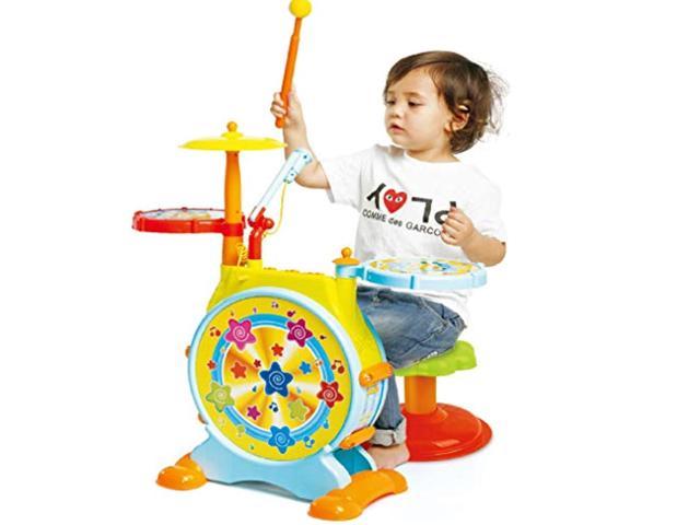 Photo 1 of Prextex Toy Drum Set for Toddlers with Working Microphone, Lights, Adjustable Sound, Bass Drum, Pedal, Drum Sticks, and Little Chair for Babies Toddle
