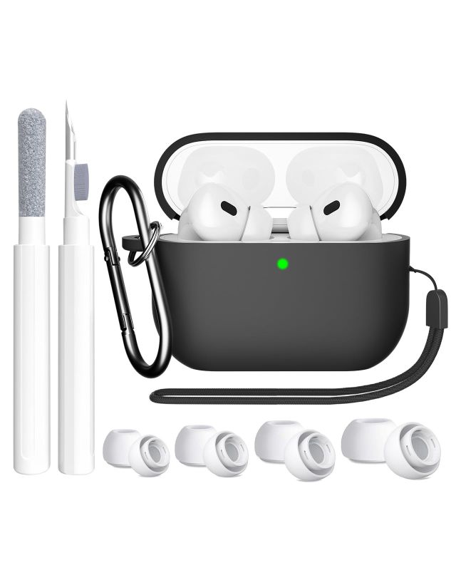 Photo 1 of SUPFINE Compatible with AirPods Pro 2nd Generation Case(2023/2022/2019), Soft Silicone Protection AirPod Pro Case Cover(USB-C/Lightning Cable) with Cleaner kit&EarTips, Front LED Visible-Light,Black- 