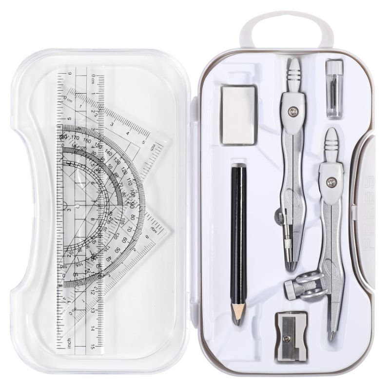 Photo 1 of Vobou 10 Pieces Math Geometry Kit Set Student Supplies with Shatterproof Storage Box,Includes Rulers,Protractor,Compass,Eraser,Pencil Sharpener,Lead Refills,Pencil,for School and Drawings?Grey?