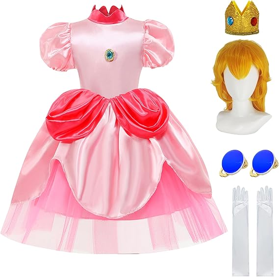 Photo 1 of Miulruma Girls Princess Peach Costume Dress Kids with Wig Accessories Halloween Costumes Super Bros Cosplay Pink Outfits MA054M