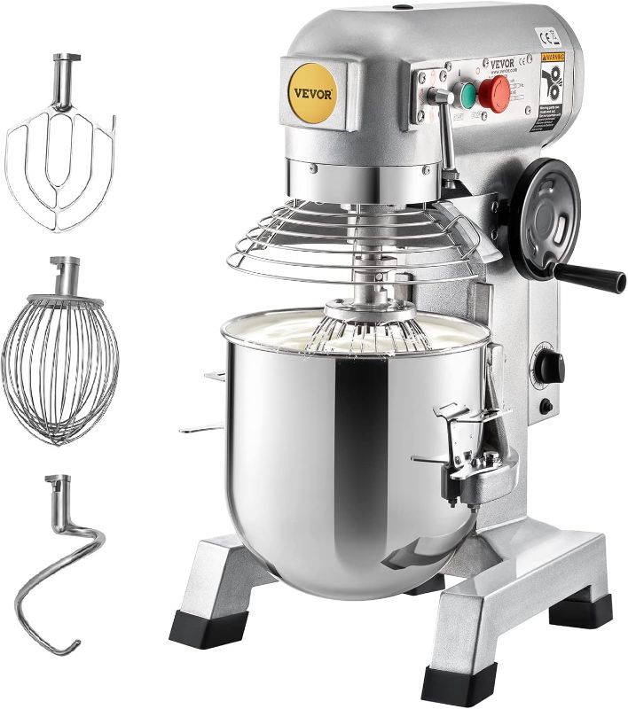 Photo 1 of VEVOR Commercial Stand Mixer, 10Qt Stainless Steel Bowl, 850W Electric Food Mixer with 3 Speeds Adjustable 113/184/341 RPM, Dough Hook Whisk Beater Included, Perfect for Bakery Pizzeria, Silver
