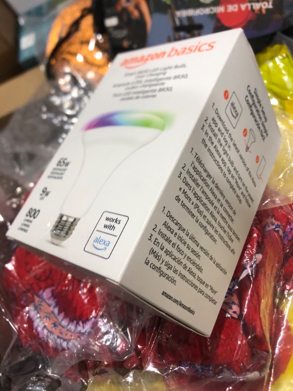 Photo 1 of Amazon Basics Smart BR30 LED Light Bulb, Color Changing, 60W Equivalent, 800LM, Works with Alexa Only, 2.4 GHz Wi-Fi, No Hub Required, 1-Pack