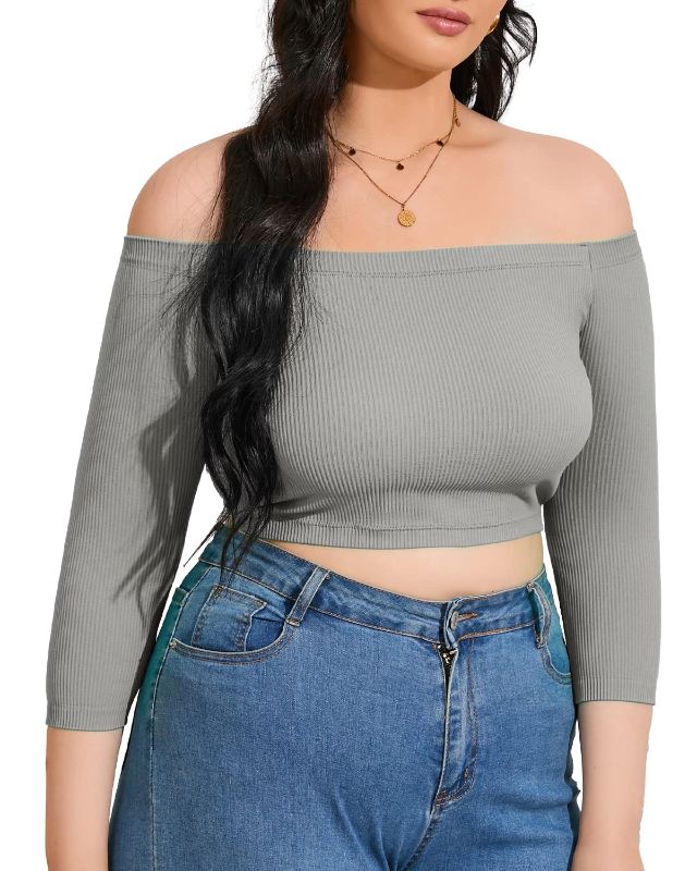 Photo 1 of X-SNOW FALCON Women's Off Shoulder 3/4 Sleeve Top Tees Sexy Slim Fitted Ribbed Knit Crop Shirts Grey- small