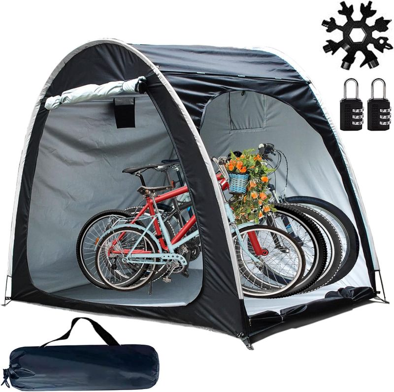 Photo 1 of Bike cover Storage Shed,Outdoor Waterproof Motorcycle Storage Tent,Thickened 210d Oxford Fabric PU4000 Waterproof Coating with Two Locks and a Multi Tool,for 4 Bikes or Motorcycle or Garden Tools
