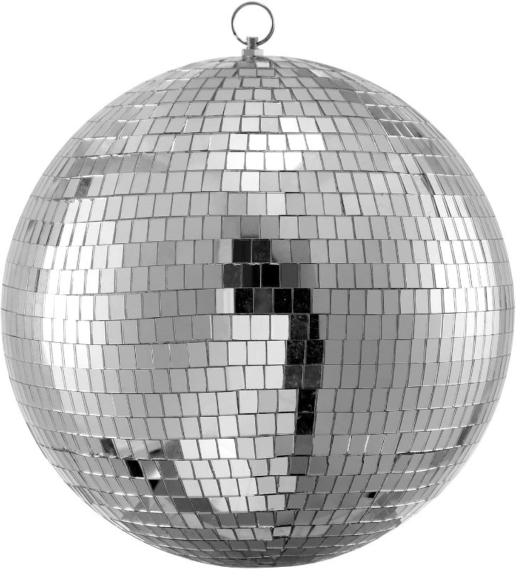 Photo 1 of Mirror Disco Ball 12 Inch – Hanging Lighting Fixture with Ring – Ideal for Party, DJ Club, Bar, and Wedding Decorations – Silver Finish
