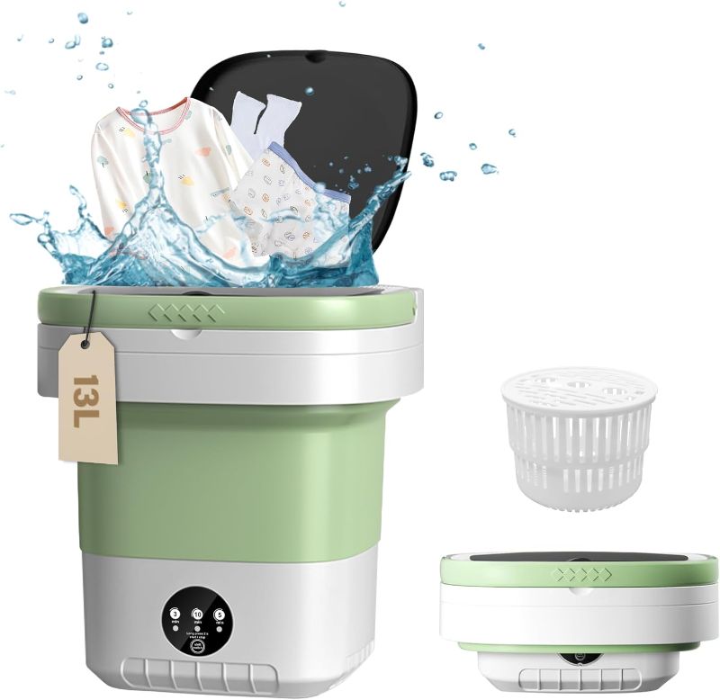 Photo 1 of 13L Portable Washing Machine, Mini Portable Washer with Spin Dryer, 3 Modes Deep Cleaning for Baby Clothes Socks Underwear or Small Items, small Washing Machine suitable for Apartment,RV Travel Green
