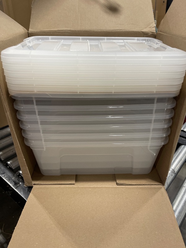 View 2 of IRIS USA 13 Qt Stackable Plastic Storage Bins with Lids, 6 Pack - BPA-Free, Made in USA - See-Through Organizing Solution, Latches, Durable Nestable Containers, Secure Pull Handle - Clear