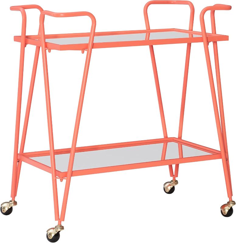 Photo 1 of Linon Gina Coral Mid-Century Bar Cart with Mirrored Shelves and Locking Wheels
