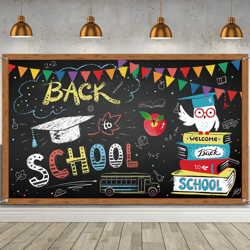 Photo 1 of Back to School Photo Backdrop First Day of School Banner 1st Day of School Deocrations and Supplies for Home School Classroom Office