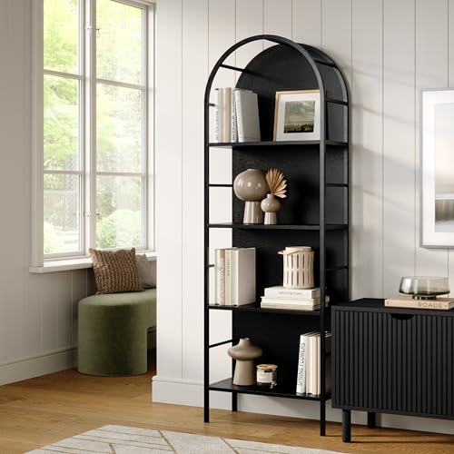 Photo 1 of 4 Tiered Black Arched Bookshelf - Stylish, Modern Home Decor - Tall Arched Bookcase - Wooden Open Arched Cabinet with Shelves - Grain Textured Laminat
