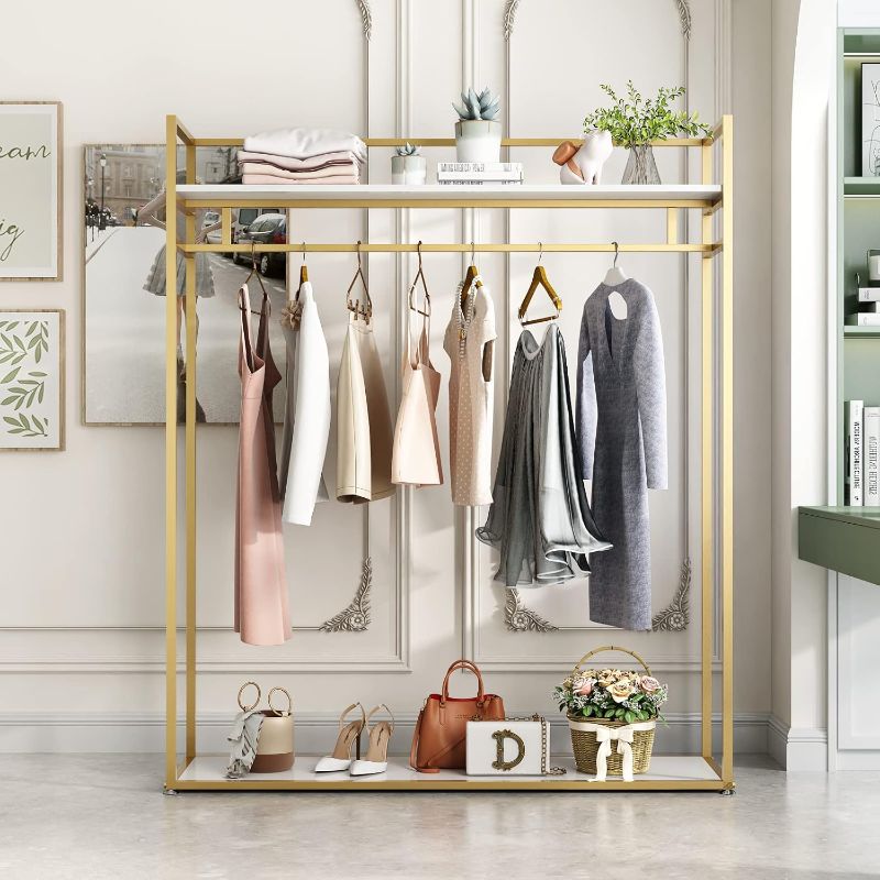 Photo 1 of Heavy Duty Clothing Rack with Shelves for Hanging Clothing, Gold Metal Freestanding Garment Rack for Retail Display (59" L)
