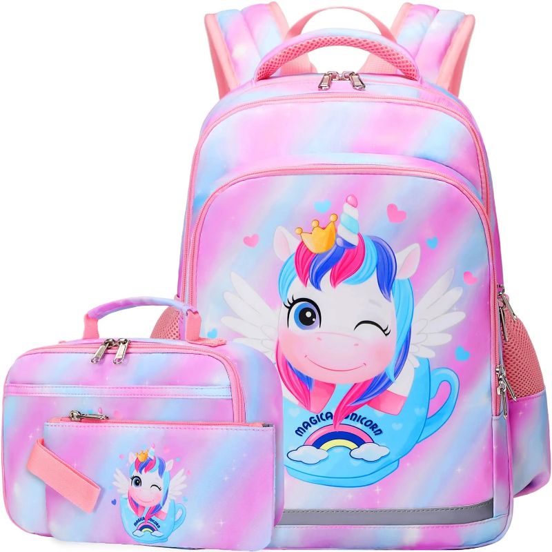 Photo 1 of Soekidy Backpack for Girls Unicorn Kids Backpacks Toddler Elementary Lightweight School Bookbags with Lunch Box Pencil Bag 3 in 1 Sets School Bags for Girls