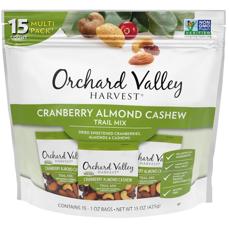 Photo 1 of  Orchard Valley Harvest Cranberry Almond Cashew Trail Mix, 1 Ounce Bags (Pack of 15), Cranberries, Almonds, and Cashews, Non-GMO, No Artificial Ingredients, BEST BY 04 SEPT 2025