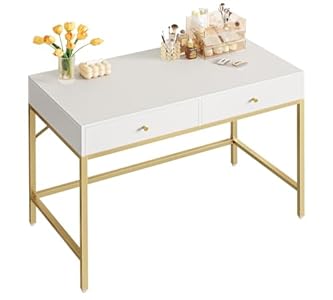 Photo 1 of SUPERJARE 39.4" White and Gold Desk with 2 Drawers, Modern Makeup Vanity Desk, Small Computer Desk Home Office Desk for Writing Study Bedroom