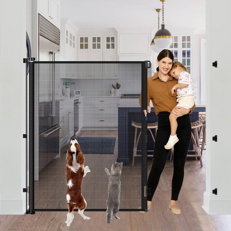 Photo 1 of  60 Inch Tall Retractable Baby Gates Tall Cat Gate for Stairs, 55" Wide Mesh Baby Gate Retractable Pet Gate for Cats, Outdoor Retractable Gate Indoor Tall Dog Gates for Doorways, No Jumping Over, Black 