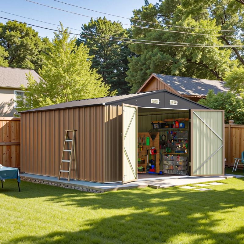 Photo 1 of 1 BOX OF SET ONLY, MISSING OTHER BOXES IN SET Patiowell 10 x 12 FT Metal Storage Shed for Outdoor, Steel Yard Shed with Design of Lockable Doors, Utility and Tool Storage for Garden, Backyard, Patio, Outside use,Brown 