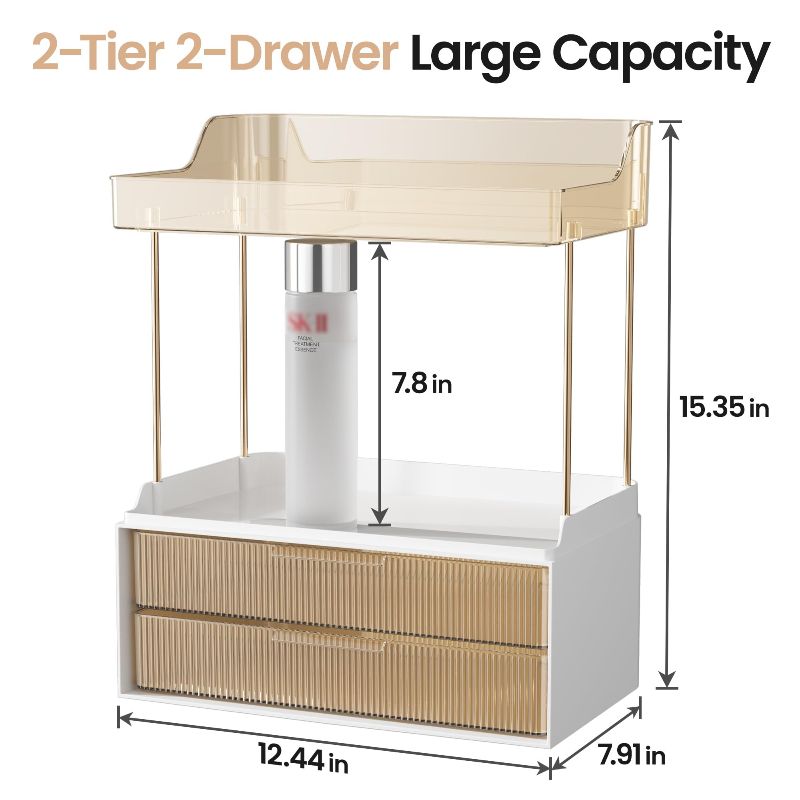 Photo 1 of Delamu 2-Tier 2-Drawer Bathroom Organizer Countertop, Multi-Purpose Makeup Organizer Countertop, Large Skincare Organizers, Exquisite Vanity Organizer