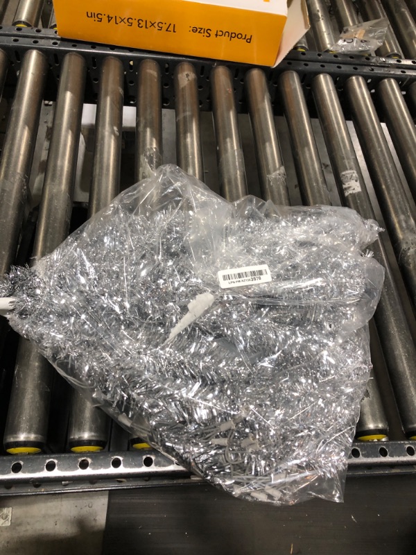 Photo 1 of Artificial Christmas Tree with Lights | Leeheeyee 4ft Lighted Artificial Silver Christmas Tree, Not Pre-lit Silver Tinsel Pine Trees with Lights, Warm White Lights, Sparkling Branch Tips