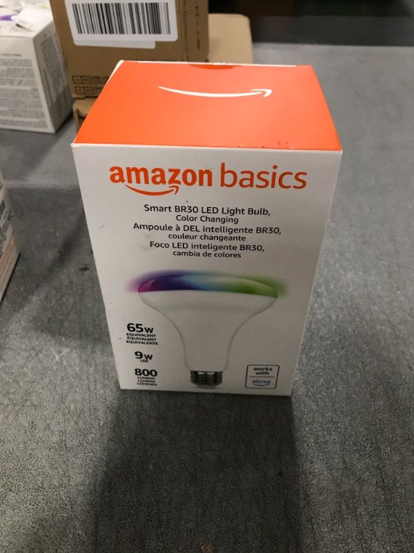 Photo 2 of Amazon Basics Smart BR30 LED Light Bulb, Color Changing, 60W Equivalent, 800LM, Works with Alexa Only, 2.4 GHz Wi-Fi, No Hub Required, 1-Pack