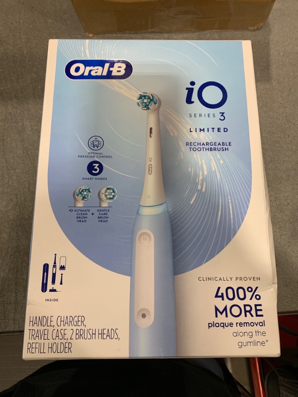 Photo 2 of Oral-B iO Deep Clean Rechargeable Electric Powered Toothbrush, Icy Blue with iO Series 3 Limited, 2 Brush Heads and Travel Case - Pressure Sensor to Protect Gums - 3 Cleaning Settings - 2 Minute Timer