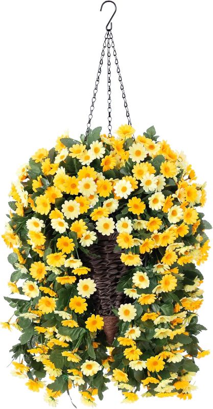 Photo 1 of Artificial Daisy Fake Hanging Flowers Plants Basket for Outdoor Fall Decoration, Fake Mums Silk Daisy Outside UV Resistant Look Real Faux Fall Plant Flowers for Home Balcony Garden Porch Patio, Yellow
