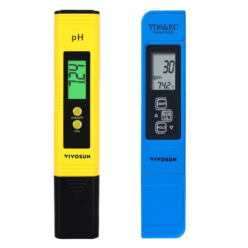 Photo 1 of VIVOSUN Digital pH and TDS Meter Kits, 0.01pH High Accuracy Pen Type pH Meter ± 2% Readout Accuracy 3-in-1 TDS EC Temperature Meter for Hydroponics, Pool and Aquarium, Yellow Blue, UL Certified
